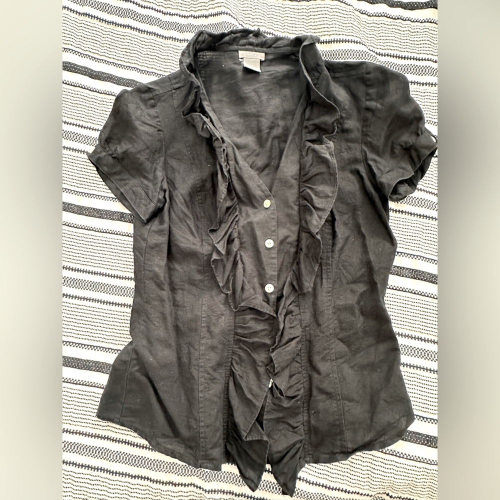 Ann Taylor Black Ruffle Button Blouse